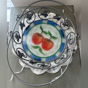 Vintage Metal Frame Glass Bottom Tray Bowl Hand Painted Apples Farmhouse